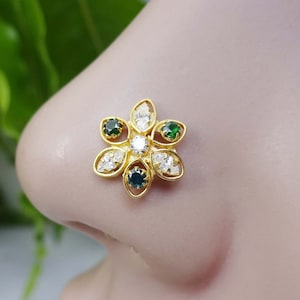 Crystal Nose Stud Flower Nose Stud Gold Nose Stud Indian Nose Stud Gift For Her Sterling Silver Nose Stud Indian Nose Ring