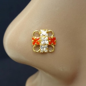 Gold Nose Stud: Sterling Silver Indian Ring with Cubic Zirconia