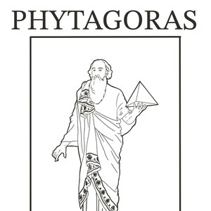 Puede incluir: Un dibujo en blanco y negro de Pitágoras, filósofo y matemático griego, sosteniendo un triángulo. El dibujo está en un marco.
