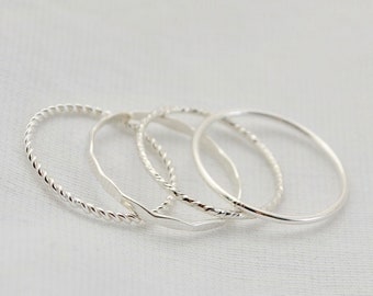 Sterling silver stacking rings / dainty minimalist hammered, sparkle, smooth twisted stacking rings