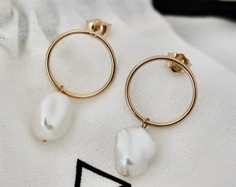 14K Gold Filled Pearl Drop Studs: Boho Bridal Earrings