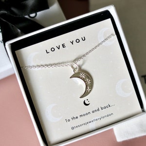 Collana "Ti amo fino alla luna e ritorno" · Ciondolo a forma di mezzaluna in argento sterling · Gioielli minimalisti e delicati · Regali per lei