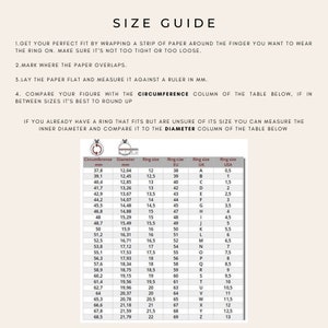 May include: A size guide for rings, showing the circumference and diameter of rings in millimeters, along with the corresponding ring sizes in US, UK, and EU sizes.