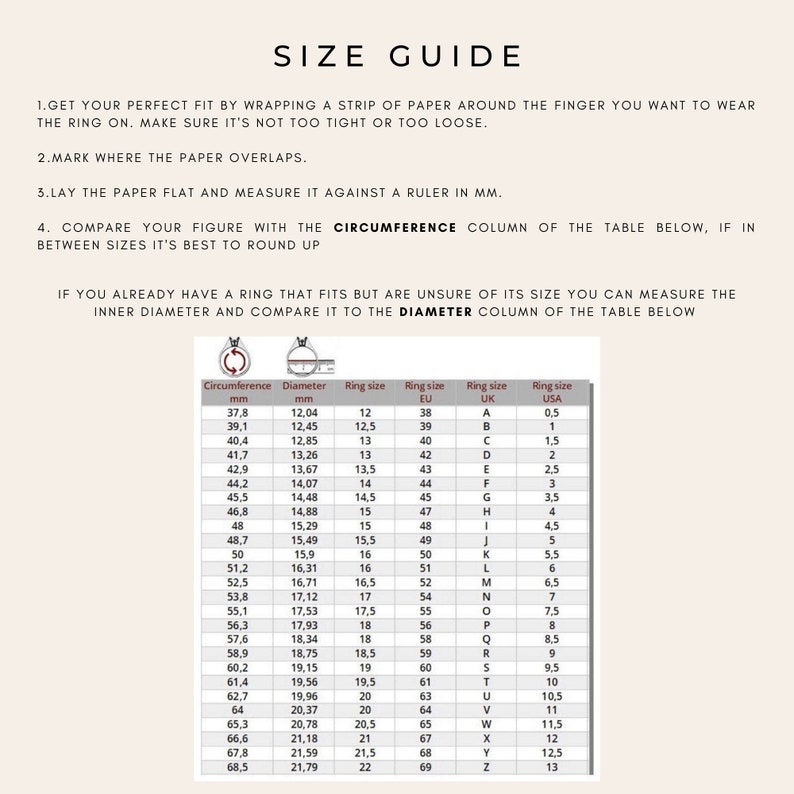 May include: A size guide for rings, showing the circumference and diameter of rings in millimeters, along with the corresponding ring sizes in US, UK, and EU sizes.