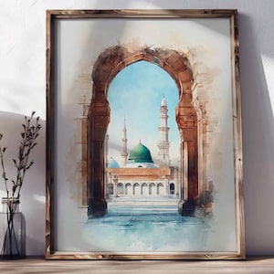 Medina / Madinah Green Dome Watercolor Print – Masjid an-Nabawi Islamic Wall Art, Medina Mosque Poster, Muslim Home Decor, Umrah Gift
