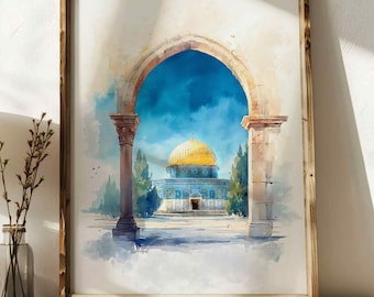 Dome of the Rock Watercolor Print – Islamic Jerusalem Wall Art, Al Aqsa Poster, Muslim Decor, Islamic Archway View, Palestine Gift