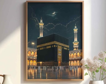 Kaaba at Night - Digital Watercolour Painting, Mecca, Wall Art, Eid Gift, Hajj, Home, Islamic painting, art - Fast UK Delivery |