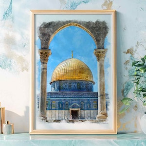 Dome of the Rock Digital Download | Islamic Wall Art Jerusalem Poster | Palestine Print | Muslim Gift | Mosque Watercolor Style Artwork