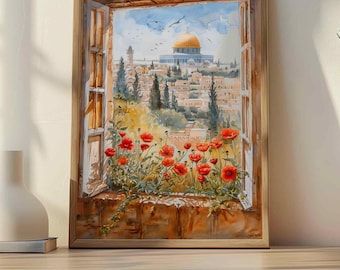 May include: A watercolor painting of a window with a view of a city skyline and a golden dome building. The window is open and there are red poppies growing in the window box.