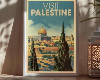 Bezoek Palestina | Vintage reisposter | Print met Rotskoepel - muurkunst skyline Jeruzalem | Midden-Oosterse decoratie: gratis verzending