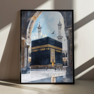 Aquarel van het Kaaba-mekka door een boog - muurkunst, woondecoratie, artwork, tekening, islamitische kunst - verkrijgbaar in meerdere maten