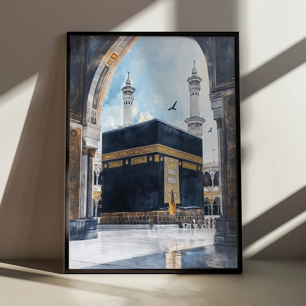 Aquarelle représentant la Kaaba La Mecque à travers une arche - oeuvre d'art murale, décoration d'intérieur, oeuvre d'art, dessin, art islamique - disponible en plusieurs tailles