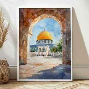 Neues Aquarell Malerei Felsendom Poster, Druck, Wandkunst - Islamische Kunst Torbogen Ansicht - Wohnkultur. Lieferung weltweit. Al Aqsa