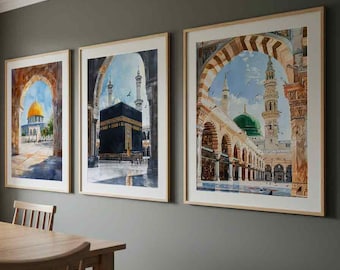 New Set of 3 Islamic Wall Art Watercolour Prints - Kaaba Meeca, Dome of the Rock & Al-Masjid An-Nabawi (Medina) Worldwide Delivery