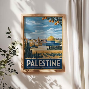 Póster vintage de viaje a Palestina: ilustración de la Cúpula de la Roca, arte mural de Jerusalén, decoración del hogar en Oriente Medio, arte islámico