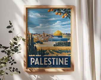 Vintage reisposter Palestina – Rotskoepel illustratie print, Jeruzalem kunst aan de muur, Midden-Oosterse woondecoratie, islamitisch kunstwerk