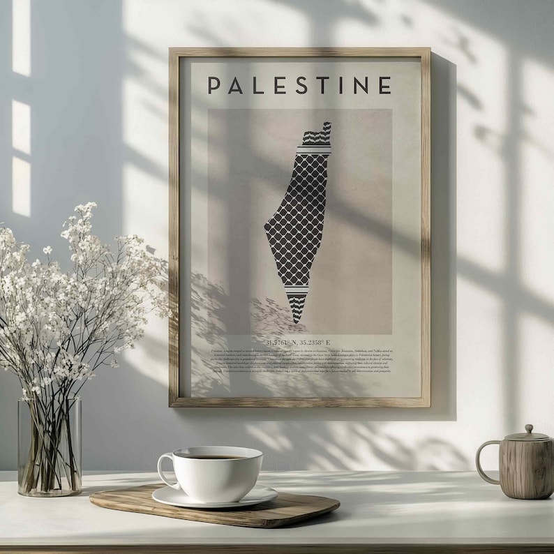Vintage Style Map of Palestine with Keffiyeh Pattern - Wall Art, Poster, Home Decor, Eid Gift - A3 (29.7cm x 42cm) or 30cm x 40cm | 2 Sizes image 3