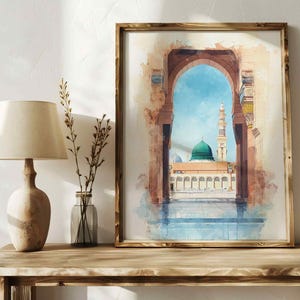 Al-Masjid an-Nabawi Green Dome Watercolor Digital Download | Madinah Islamic Wall Art Print | Muslim Gift | Mosque Printable Poster