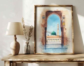 Al-Masjid an-Nabawi Green Dome Watercolor Digital Download | Madinah Islamic Wall Art Print | Muslim Gift | Mosque Printable Poster