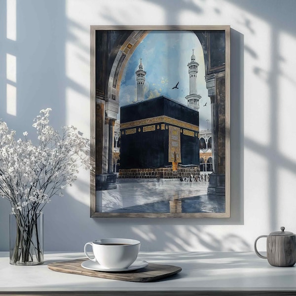 Malowidło akwarelowe przedstawiające Kaaba Mekka przez łuk - Sztuka ścienna, wystrój wnętrz, dzieło sztuki, rysunek, sztuka islamska - dostępne w wielu rozmiarach