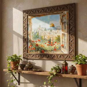 May include: A framed painting depicts a view through a window of a city with a golden dome, red flowers, and a blue sky. The frame is brown with a carved design. A wooden shelf below holds potted plants and decorative items.