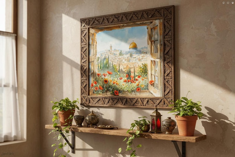 May include: A framed painting depicts a view through a window of a city with a golden dome, red flowers, and a blue sky. The frame is brown with a carved design. A wooden shelf below holds potted plants and decorative items.