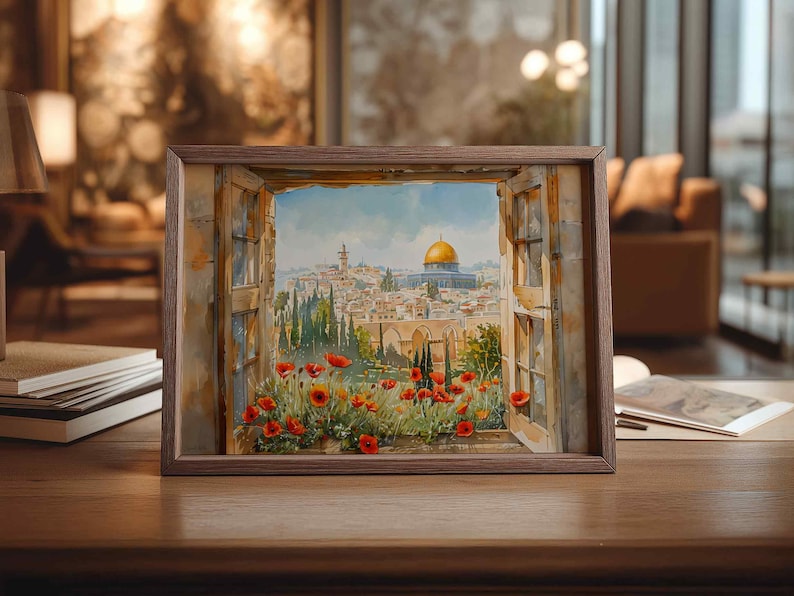 May include: A framed watercolor painting depicts a view through a window. The artwork showcases a cityscape with a golden dome, red poppies, and a blue sky. The frame is a warm brown color.