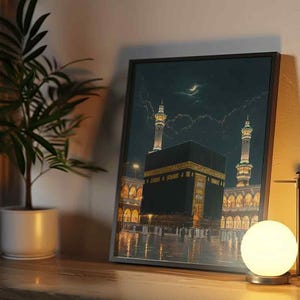 Kaaba at Night Print – Mecca Islamic Wall Art, Masjid al-Haram Poster, Muslim Home Decor, Night View of Kaaba, Spiritual Gift