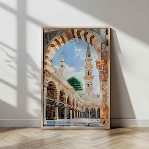 May include: Watercolor painting of a mosque with a green dome and tall minarets. The artwork is framed and features arched walkways and a courtyard. The sky is blue with birds in flight, and the overall color palette is warm with earth tones.