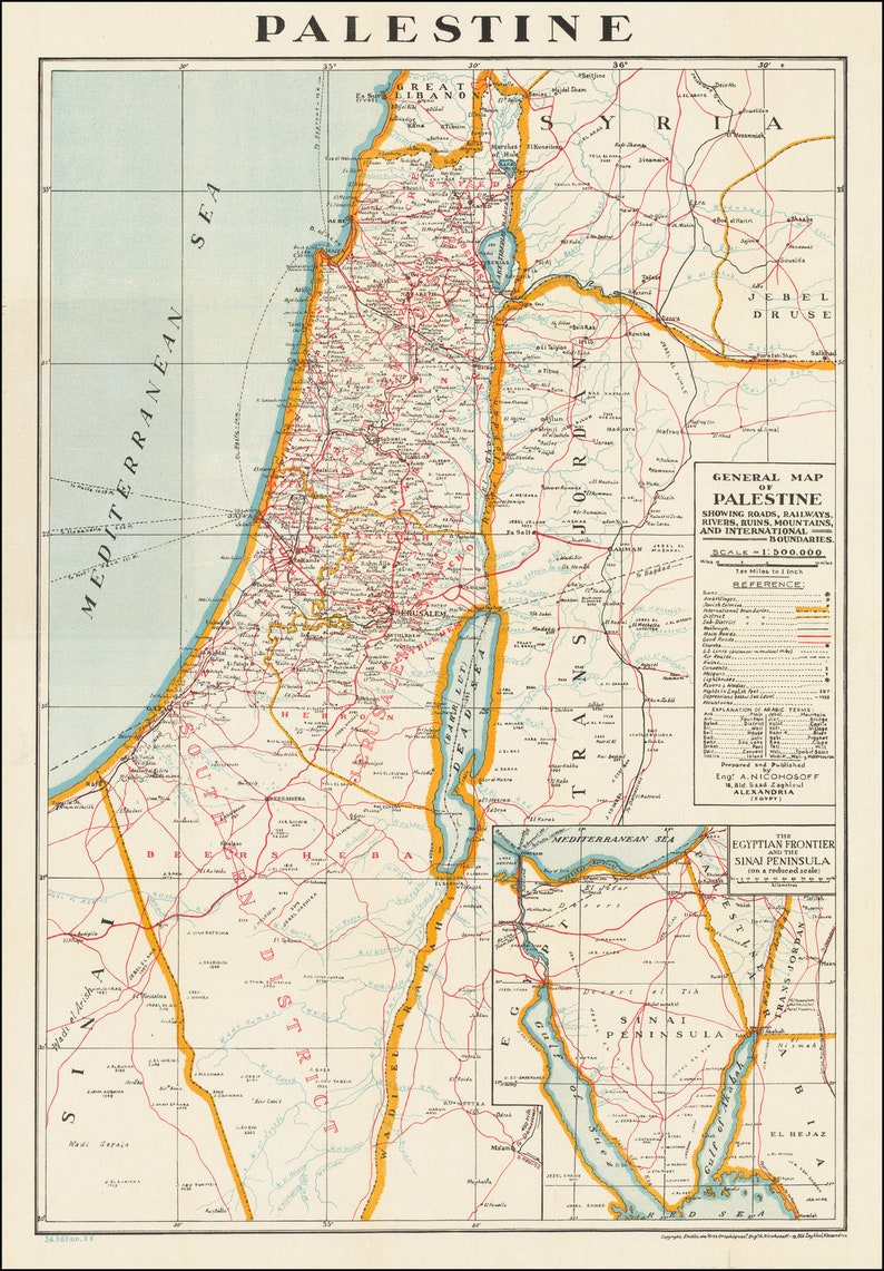 Old Vintage Map of Palestine 1942 Different Sizes Available B2 A2 A3 A4 Gaza Map Wall Decor Gift image 4