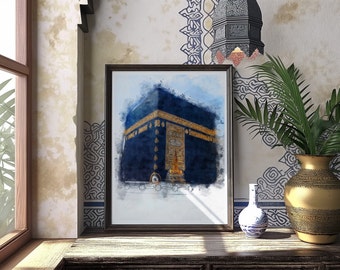 Masjid al Haram Makkah Painting Kabah Kaaba Watercolour Islamic Wall Art Mecca