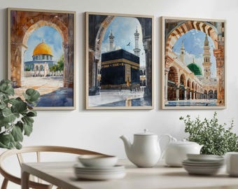 Set of 3 Islamic Wall Art Watercolour Digital Prints - Kaaba Meeca, Dome of the Rock & Al-Masjid An-Nabawi | Muslim Home Decor | A3, A4, A5