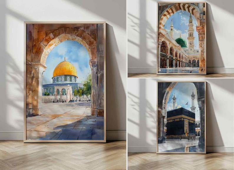 May include: Three framed watercolor paintings depicting Islamic architecture. One shows a golden-domed building framed by an archway. Another features a mosque with a green dome and minarets. The third depicts the Kaaba.