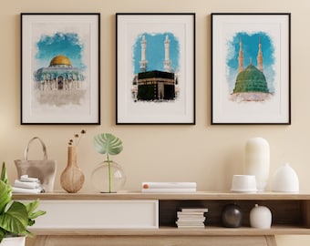 Set of 3 Watercolour A2 A3 A4 A5 A6 | 3 Islamic Holy Places | Masjid Al Haram | Masjid An-Nabawi | Dome of the Rock | Wall Art Watercolor
