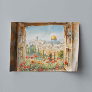 May include: Watercolor painting of a cityscape viewed through an open window. The scene features a golden-domed structure, buildings, and lush greenery. Red poppies bloom in the foreground, framed by a weathered wooden window.