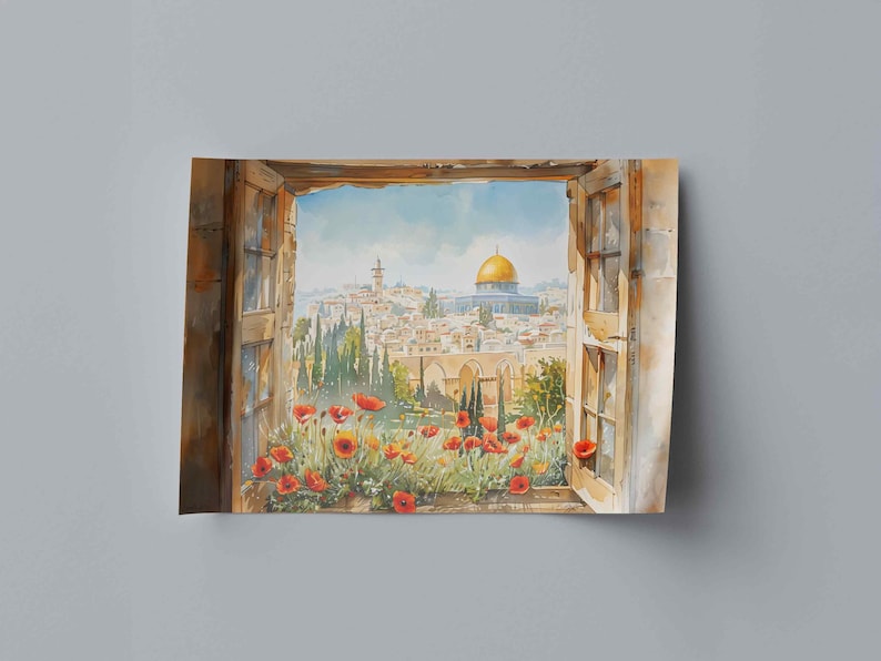 May include: Watercolor painting of a cityscape viewed through an open window. The scene features a golden-domed structure, buildings, and lush greenery. Red poppies bloom in the foreground, framed by a weathered wooden window.
