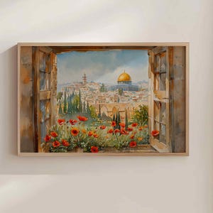 May include: Watercolor painting of a cityscape viewed through a window. The scene features a golden-domed building, red flowers, and a view of a city. The painting is framed in a light-colored wooden frame.