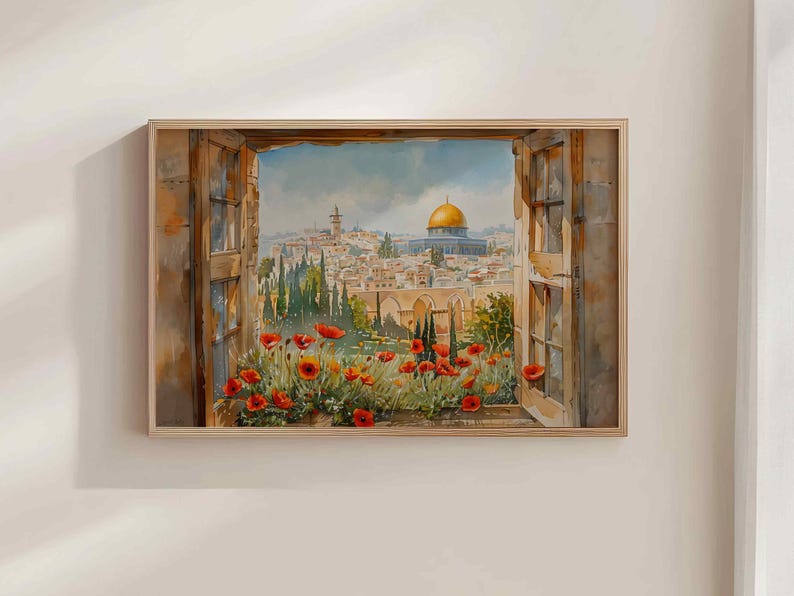 May include: Watercolor painting of a cityscape viewed through a window. The scene features a golden-domed building, red flowers, and a view of a city. The painting is framed in a light-colored wooden frame.