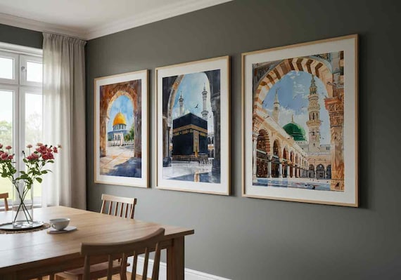 New Set of 3 Islamic Wall Art Watercolour Prints - Kaaba Meeca, Dome of the Rock & Al-Masjid An-Nabawi (Medina) Worldwide Delivery