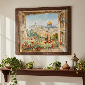 May include: A framed watercolor painting depicts a cityscape viewed through an open window, featuring a golden-domed structure. The window frame is brown, and the foreground shows red and orange flowers. A dark brown shelf below holds potted plants and a decorative lantern.