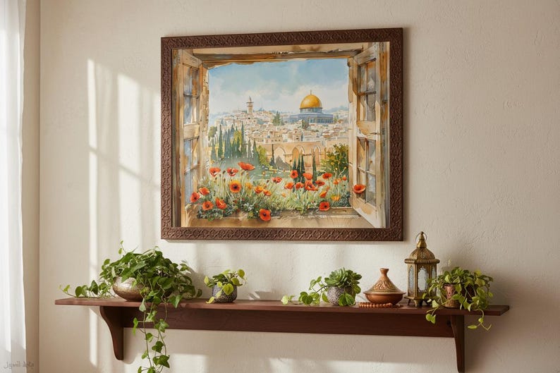 May include: A framed watercolor painting depicts a cityscape viewed through an open window, featuring a golden-domed structure. The window frame is brown, and the foreground shows red and orange flowers. A dark brown shelf below holds potted plants and a decorative lantern.