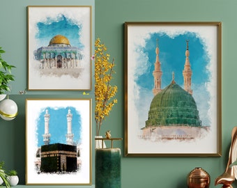 Set of 3 Watercolour A2 A3 A4 A5 A6 | 3 Islamic Holy Places | Masjid Al Haram | Masjid An-Nabawi | Dome of the Rock | Wall Art Watercolor