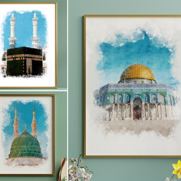 Set of 3 Watercolour A2 A3 A4 A5 A6 | 3 Islamic Holy Places | Masjid Al Haram | Masjid An-Nabawi | Dome of the Rock | Wall Art Watercolor