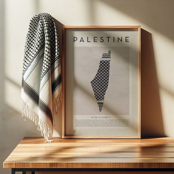 Vintage Style Map of Palestine with Keffiyeh Pattern - Wall Art, Poster, Home Decor, Eid Gift - A3 (29.7cm x 42cm) or 30cm x 40cm | 2 Sizes