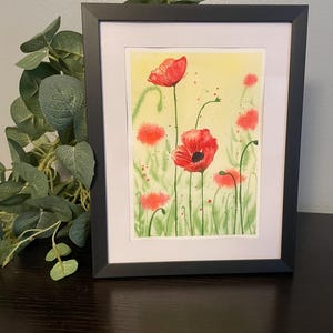 Poppies Original Watercolor Painting 5X7&quot; w/ Frame