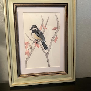 Bird and flowers Original Watercolor 5X7&quot; with frame