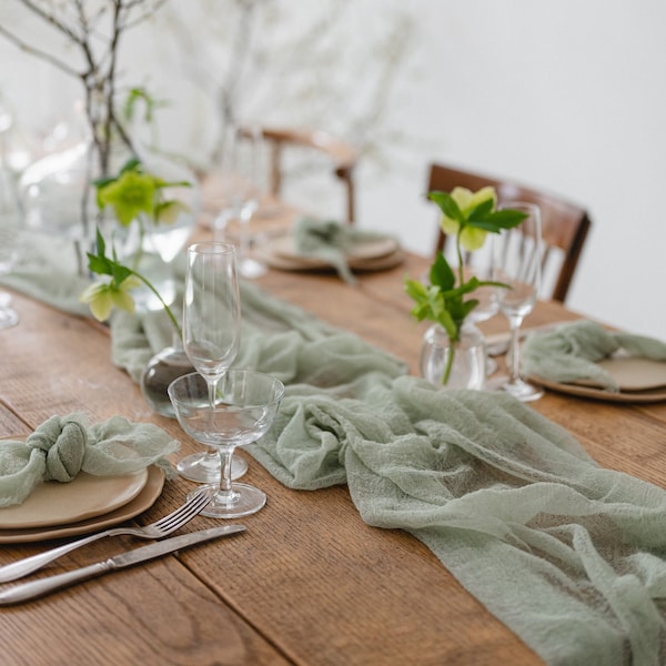 pale sage green table runner,sage green wedding decor wedding arch tape sage table decor,rustic,boho,wedding centrepiece,cheesecloth textile