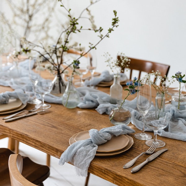 Rustic cheesecloth table runner,pale blue gray,farmhouse table decor,wedding arch,cheesecloth napkins,event table setting,light blue decor