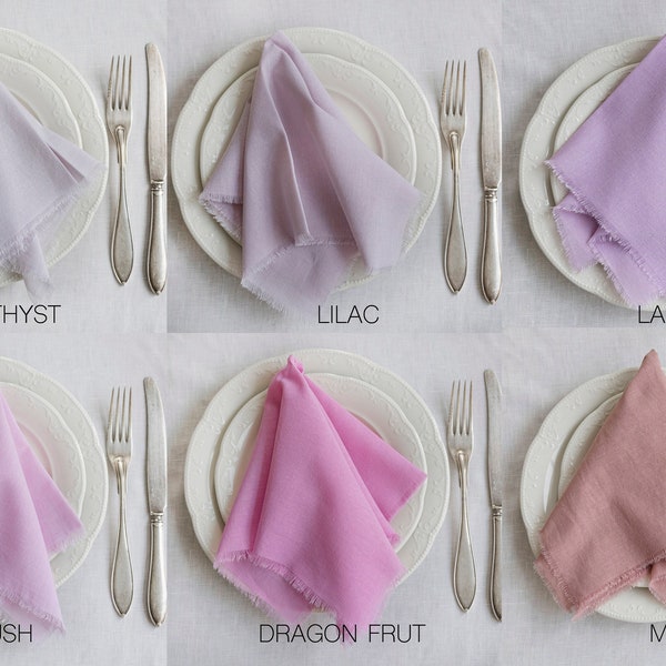 lilac dinner napkins, fuscia napkins,wedding table linens,lavender napkins raw edges wedding table decor boho, rustic dinner napkins