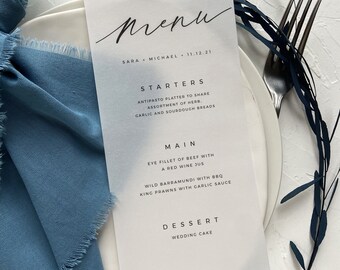 wedding menu cards printed on vellum with black or white inks, physical menu cards elegant wedding menus dinner menus cards on thick vellum